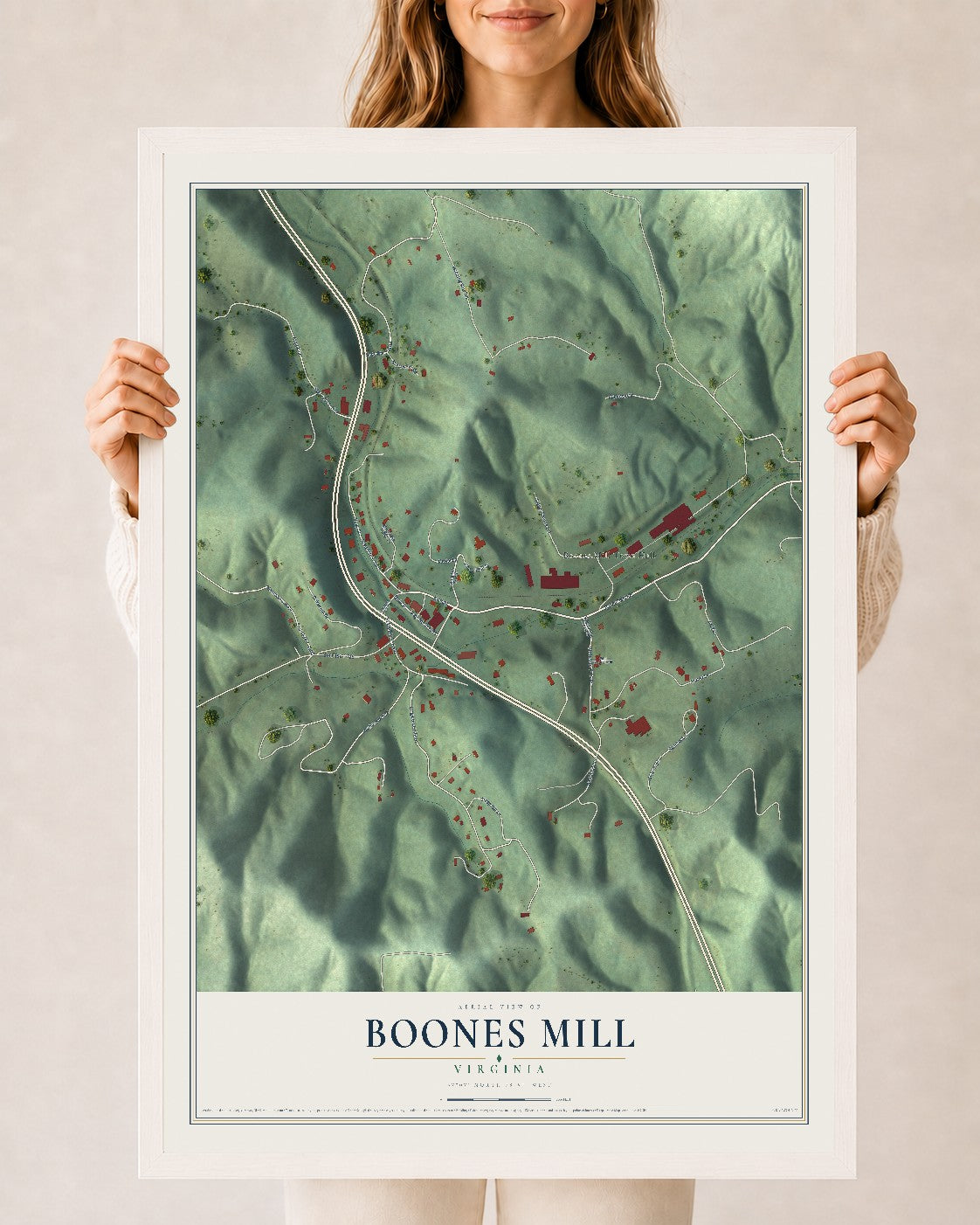 Map of Boones Mill, Virginia, 24 x 36 inch print in a white wood frame