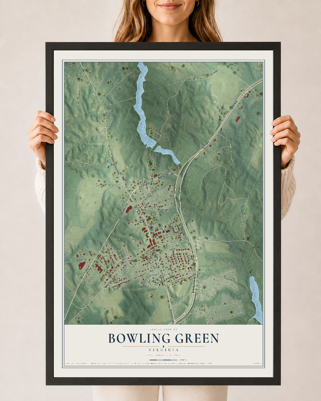 Map of Bowling Green, Virginia, 24 x 36 inch print in a black wood frame