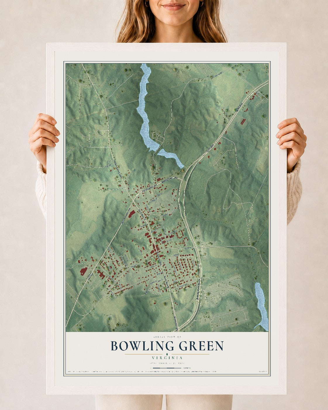 Map of Bowling Green, Virginia, 24 x 36 inch print in a white wood frame