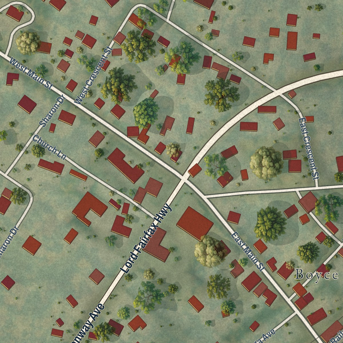 Close-up of the map of Boyce, Virginia print showing street and building detail
