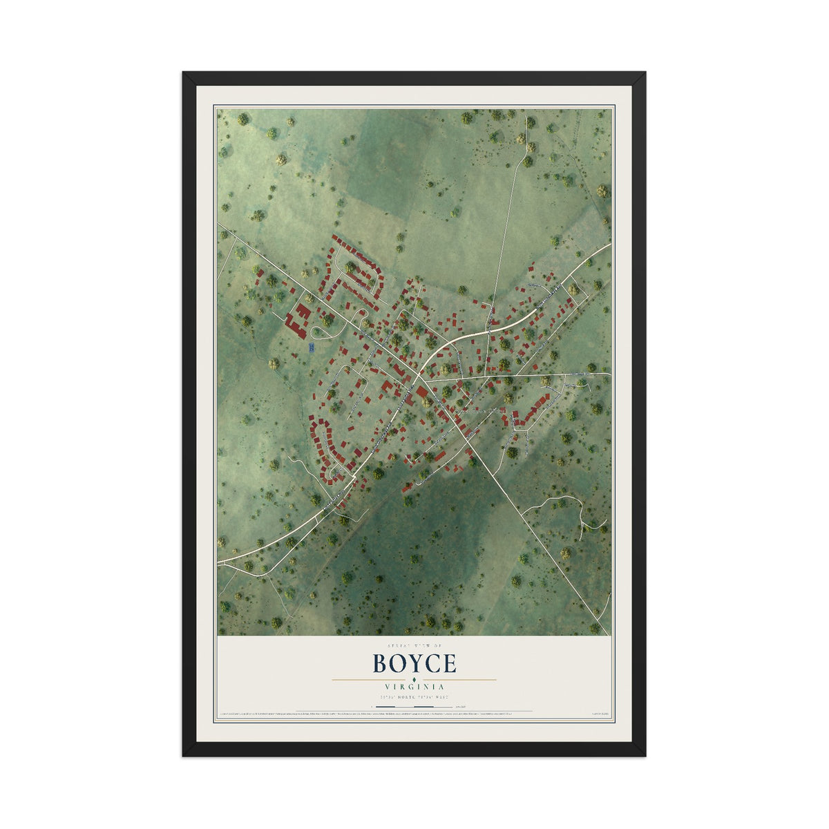 Map of Boyce, Virginia, 12 x 18 inch print in a black wood frame