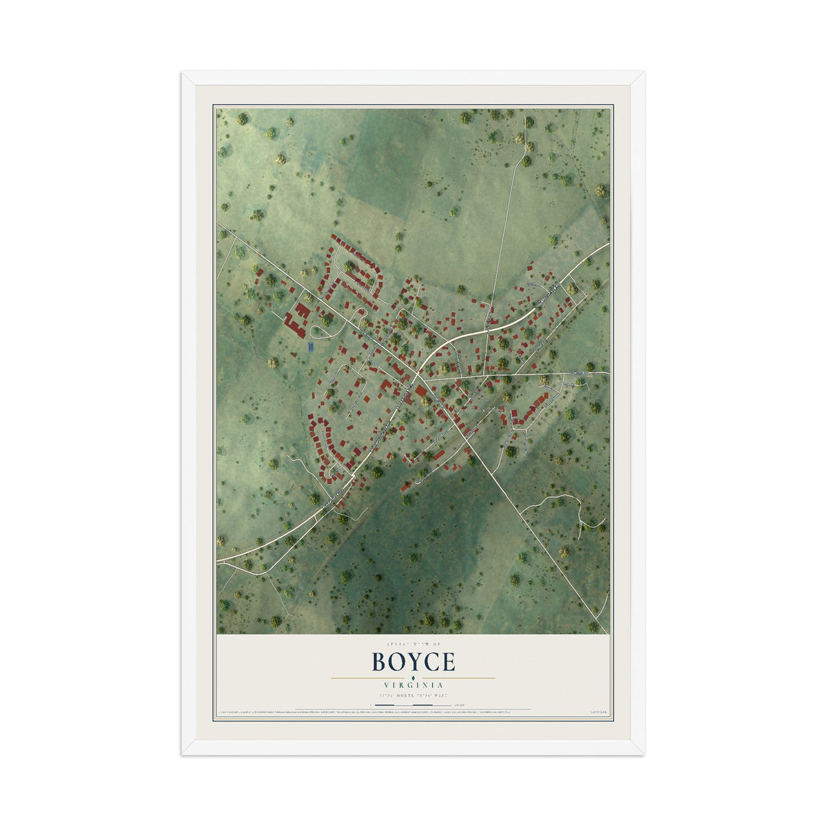 Map of Boyce, Virginia, 12 x 18 inch print in a white wood frame
