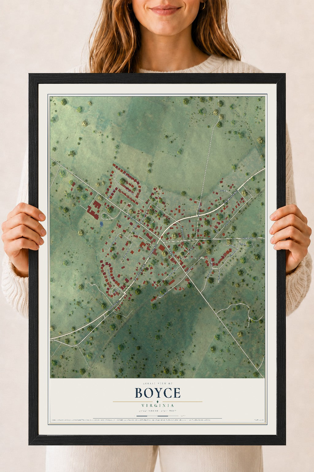Map of Boyce, Virginia, 18 x 24 inch print in a black wood frame