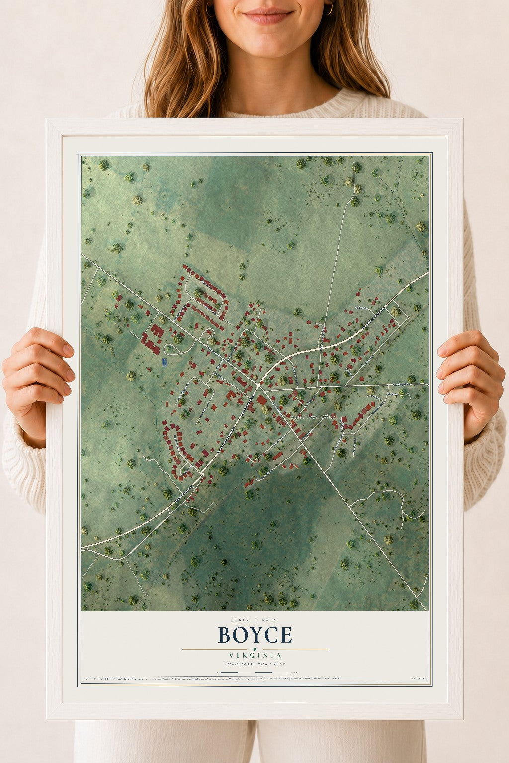Map of Boyce, Virginia, 18 x 24 inch print in a white wood frame