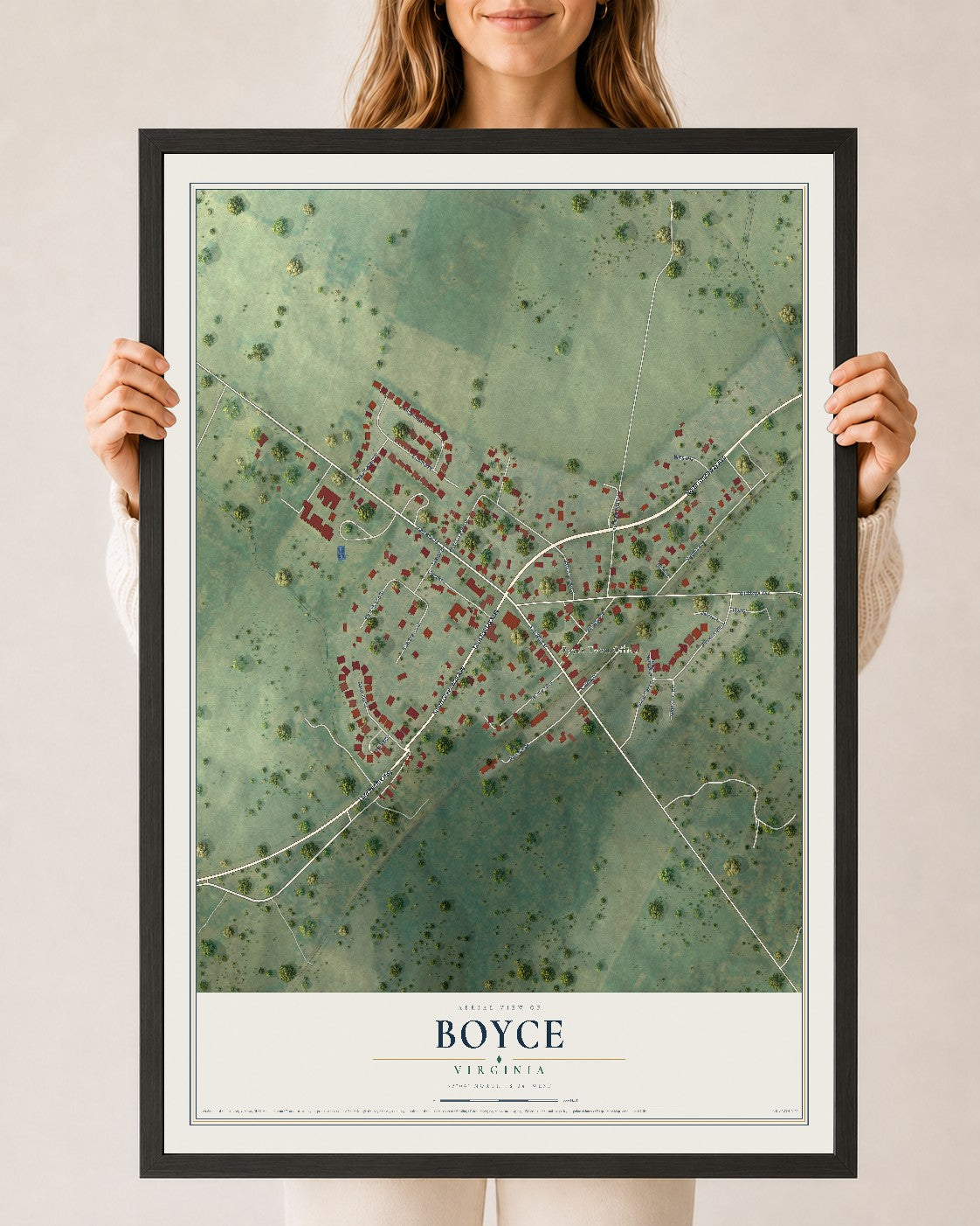 Map of Boyce, Virginia, 24 x 36 inch print in a black wood frame