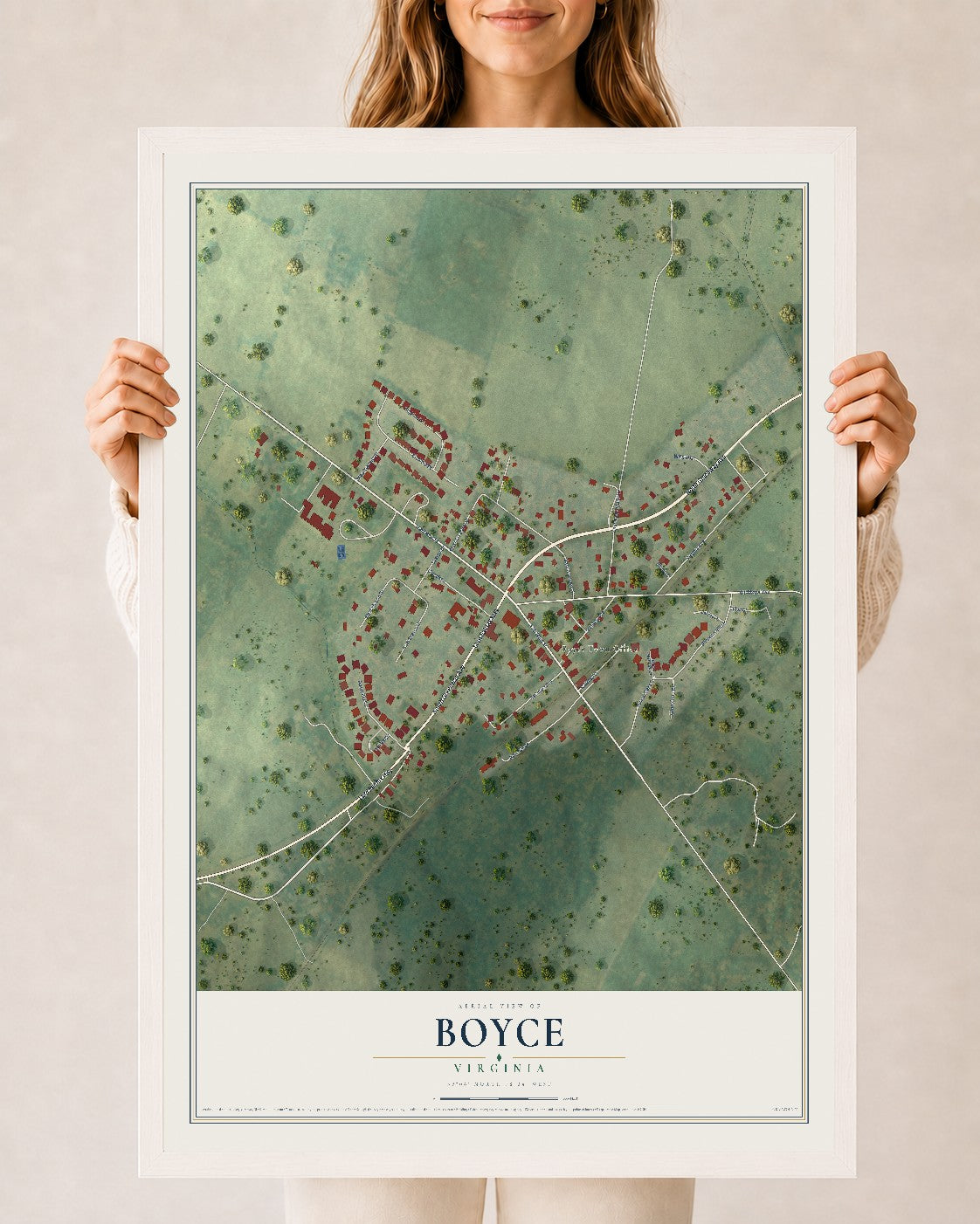 Map of Boyce, Virginia, 24 x 36 inch print in a white wood frame
