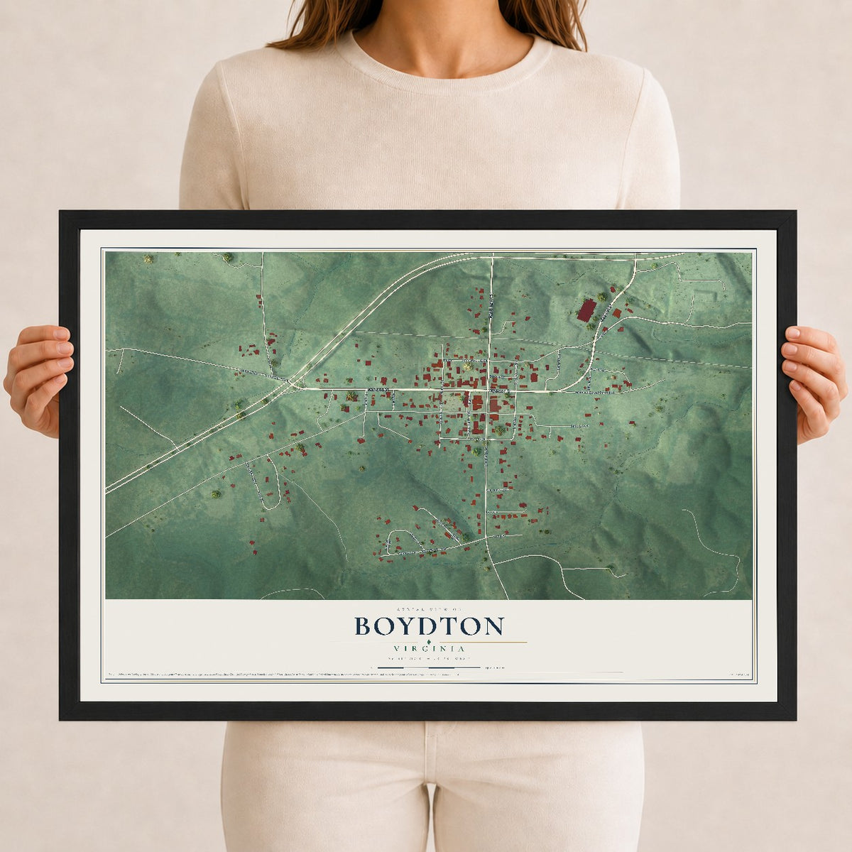 Map of Boydton, Virginia, 12 x 18 inch print in a black wood frame