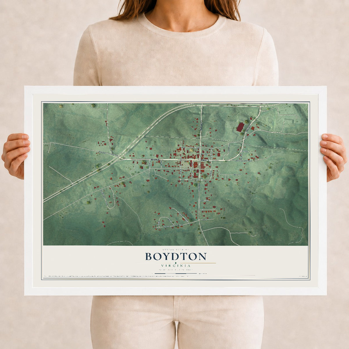 Map of Boydton, Virginia, 12 x 18 inch print in a white wood frame