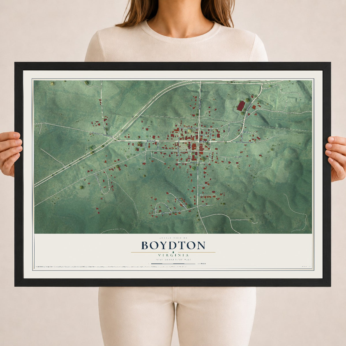Map of Boydton, Virginia, 18 x 24 inch print in a black wood frame