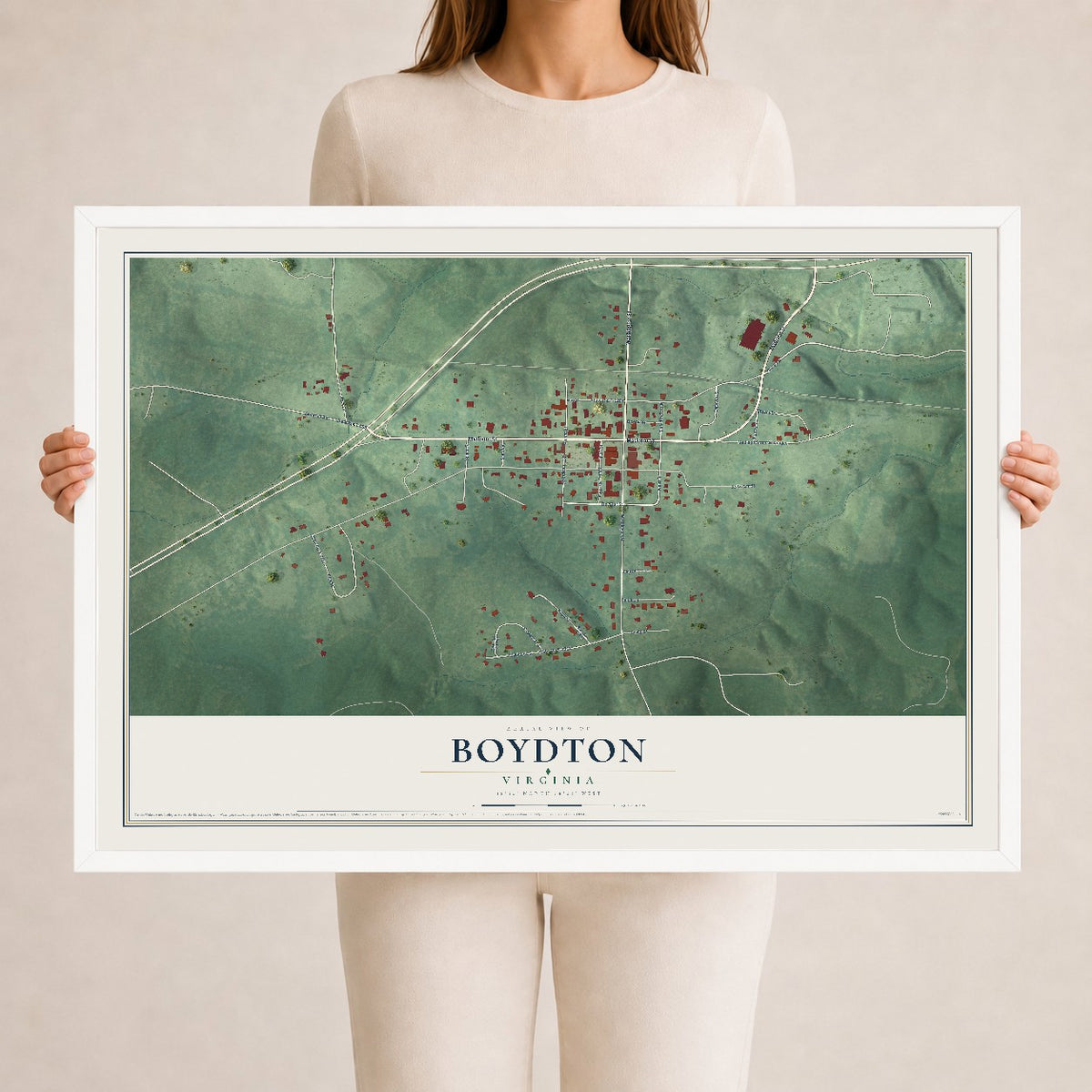 Map of Boydton, Virginia, 24 x 36 inch print in a white wood frame
