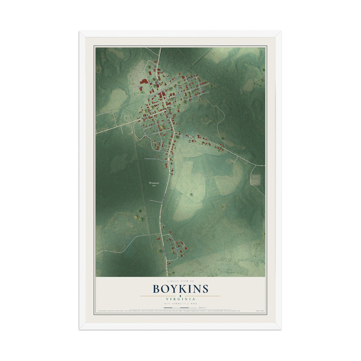 Map of Boykins, Virginia, 12 x 18 inch print in a white wood frame