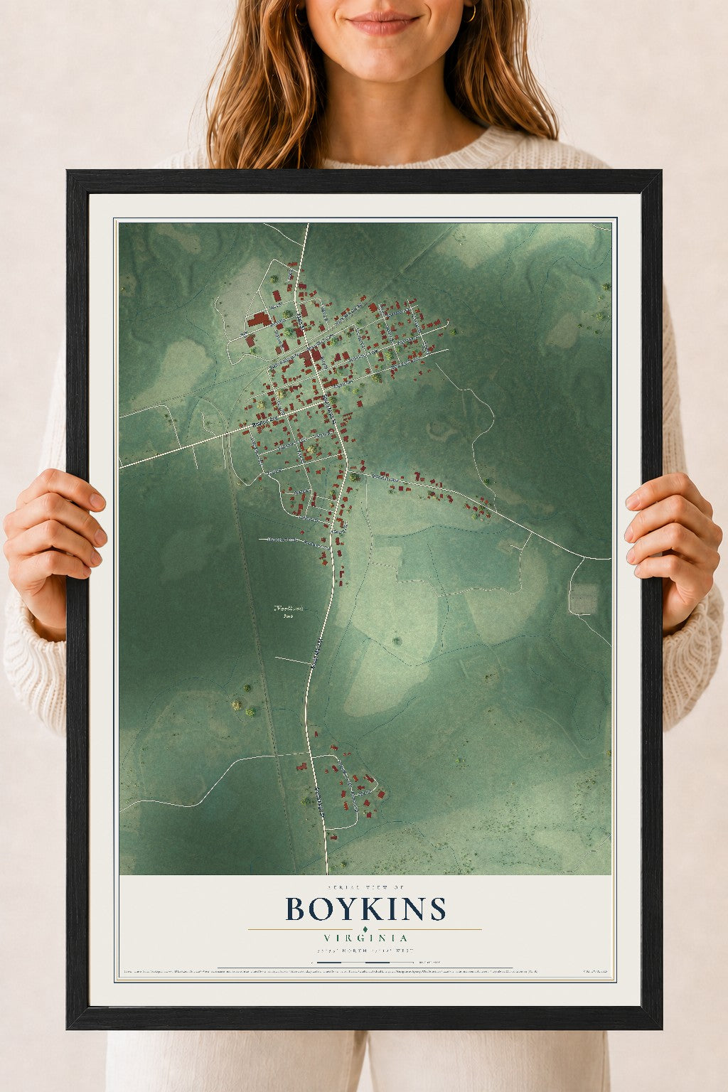 Map of Boykins, Virginia, 18 x 24 inch print in a black wood frame