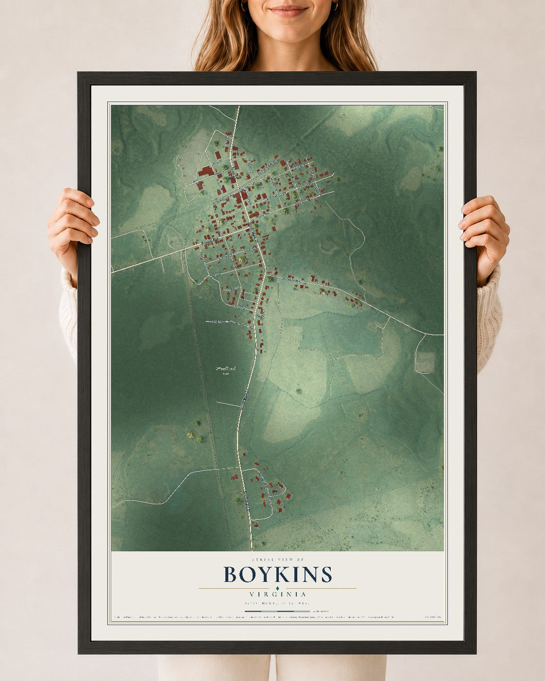 Map of Boykins, Virginia, 24 x 36 inch print in a black wood frame
