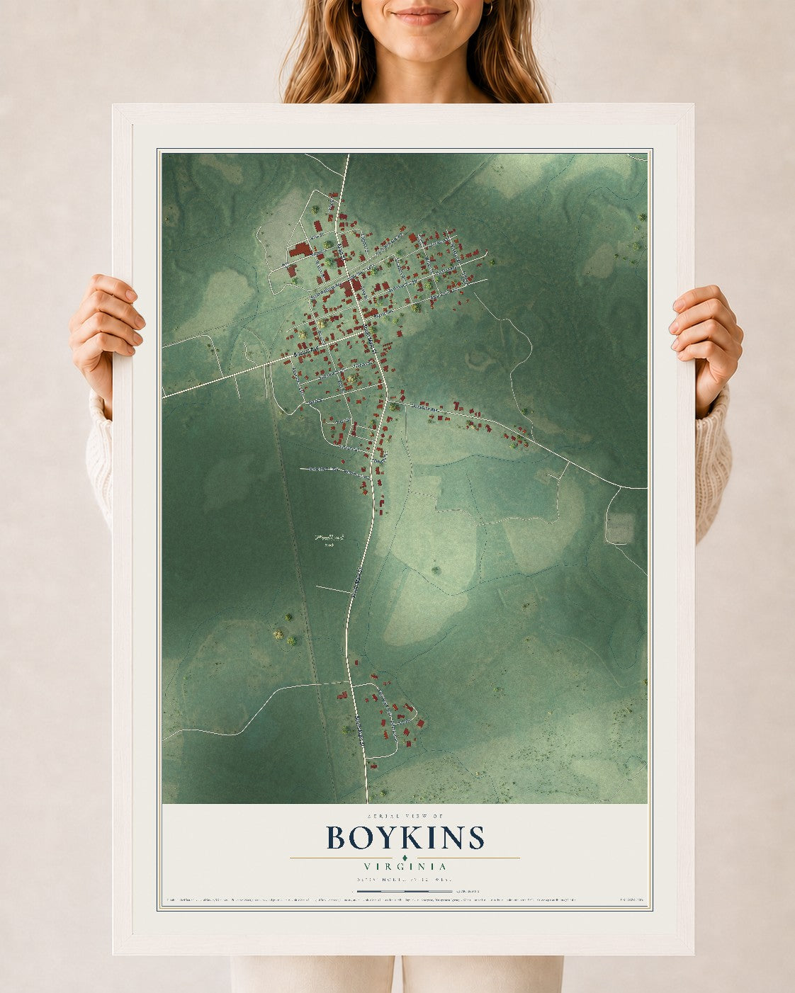 Map of Boykins, Virginia, 24 x 36 inch print in a white wood frame