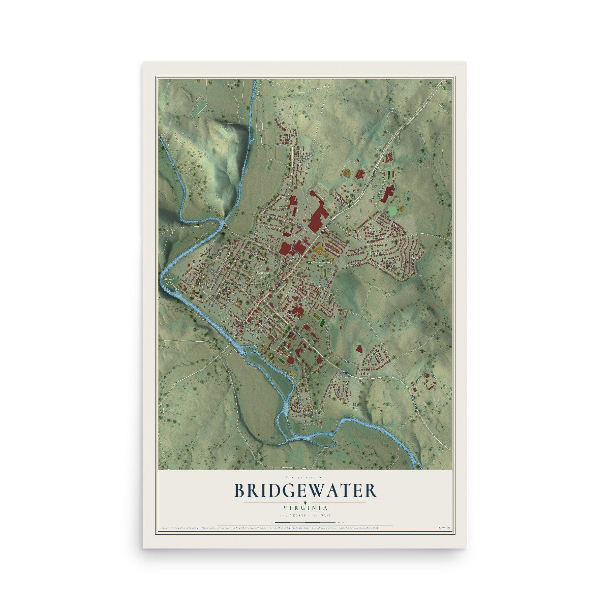 Map of Bridgewater, Virginia, 12 x 18 inch unframed archival matte print