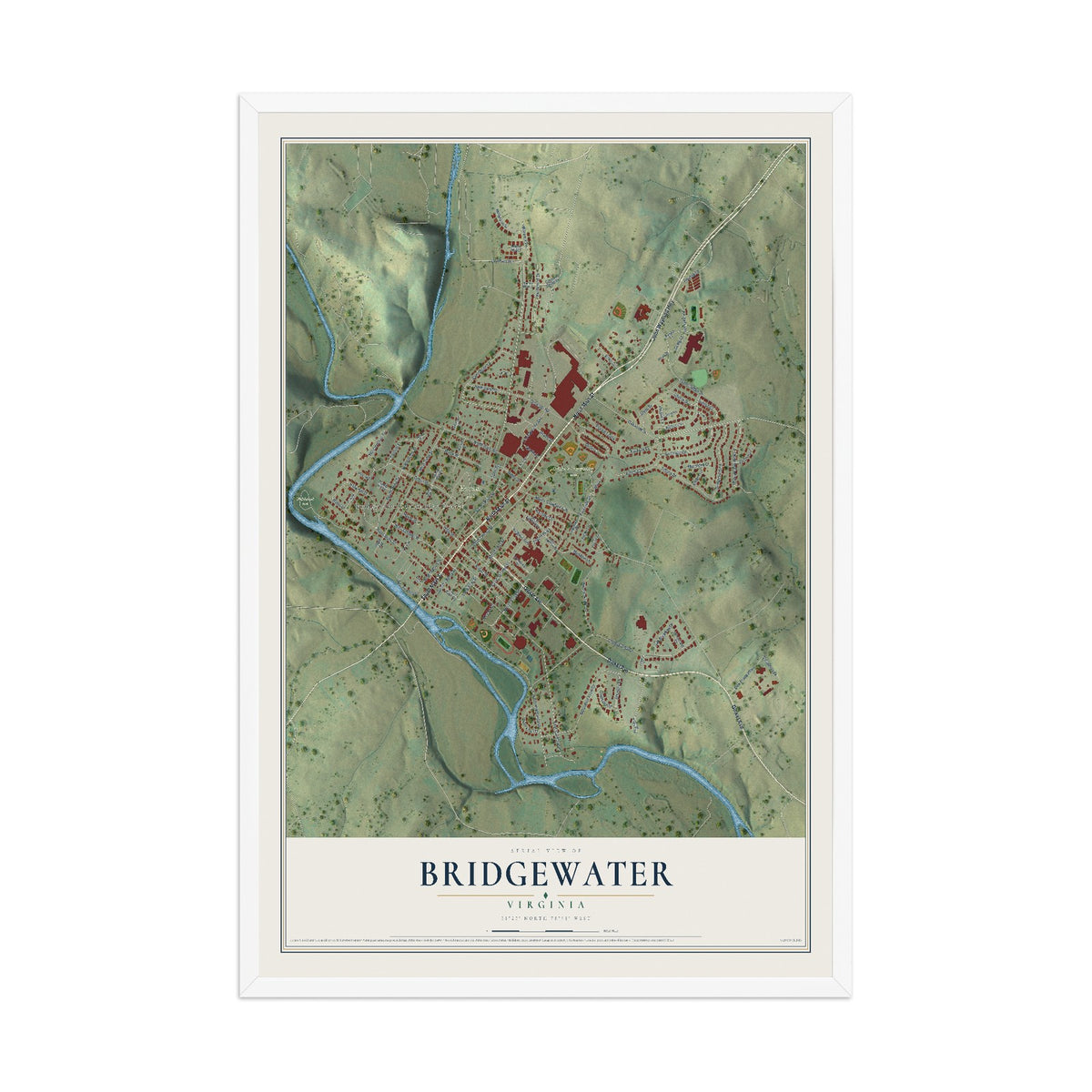 Map of Bridgewater, Virginia, 12 x 18 inch print in a white wood frame