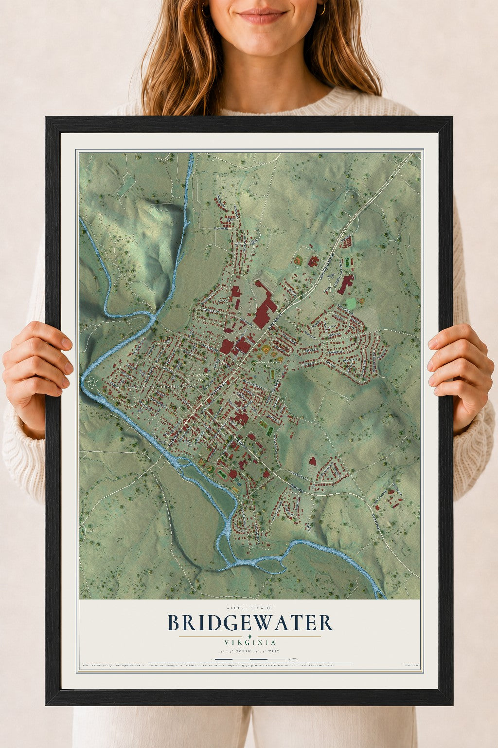 Map of Bridgewater, Virginia, 18 x 24 inch print in a black wood frame