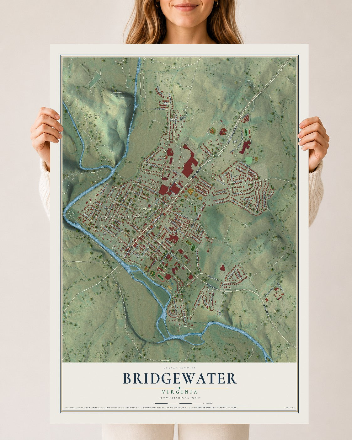 Map of Bridgewater, Virginia, 24 x 36 inch unframed archival matte print
