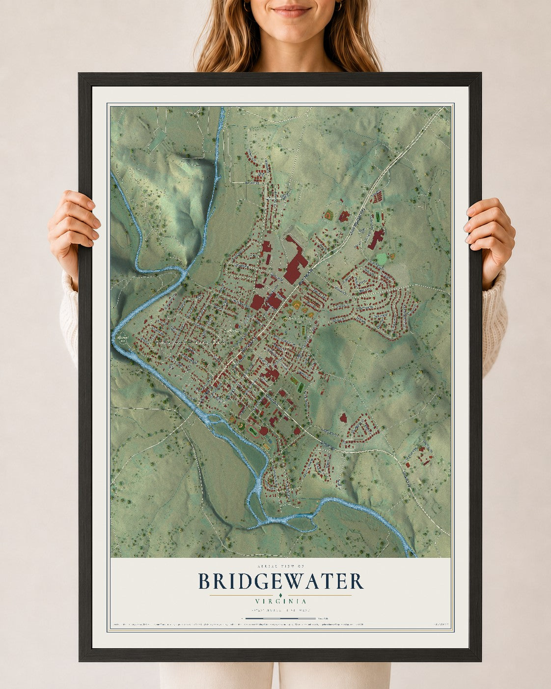 Map of Bridgewater, Virginia, 24 x 36 inch print in a black wood frame