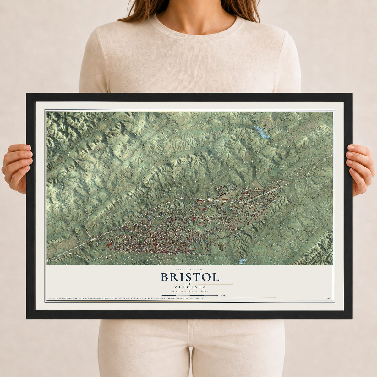 Map of Bristol, Virginia, 12 x 18 inch print in a black wood frame