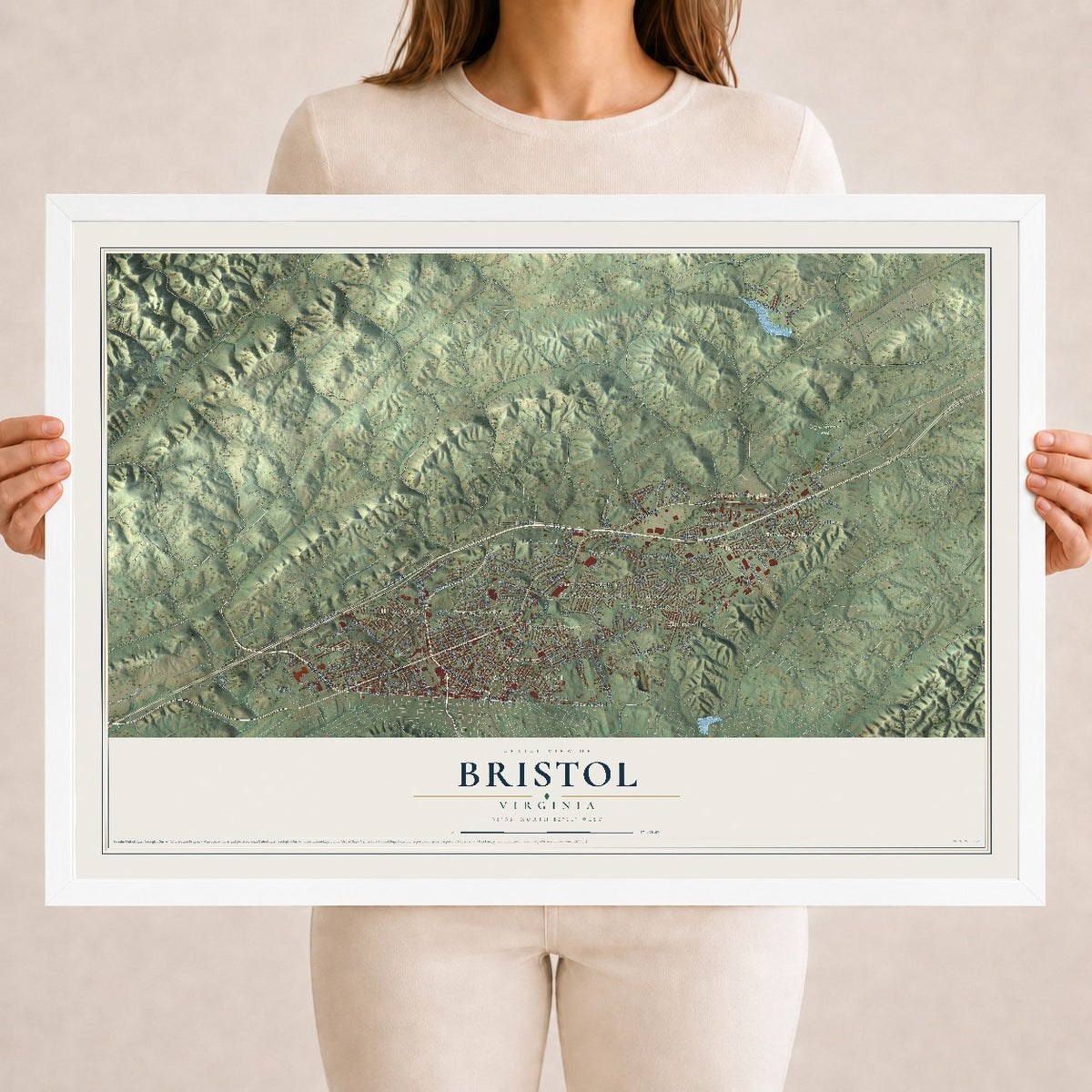 Map of Bristol, Virginia, 18 x 24 inch print in a white wood frame