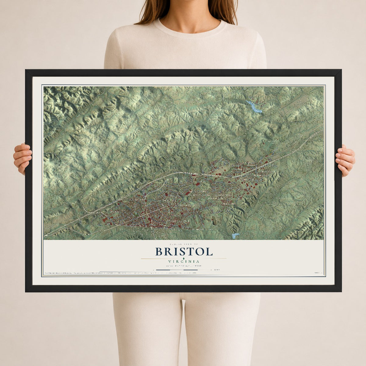 Map of Bristol, Virginia, 24 x 36 inch print in a black wood frame