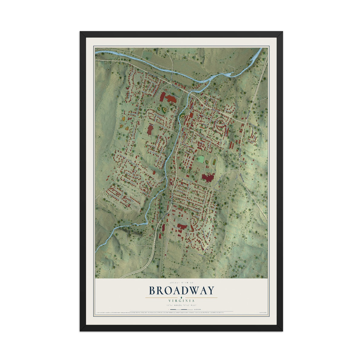 Map of Broadway, Virginia, 12 x 18 inch print in a black wood frame