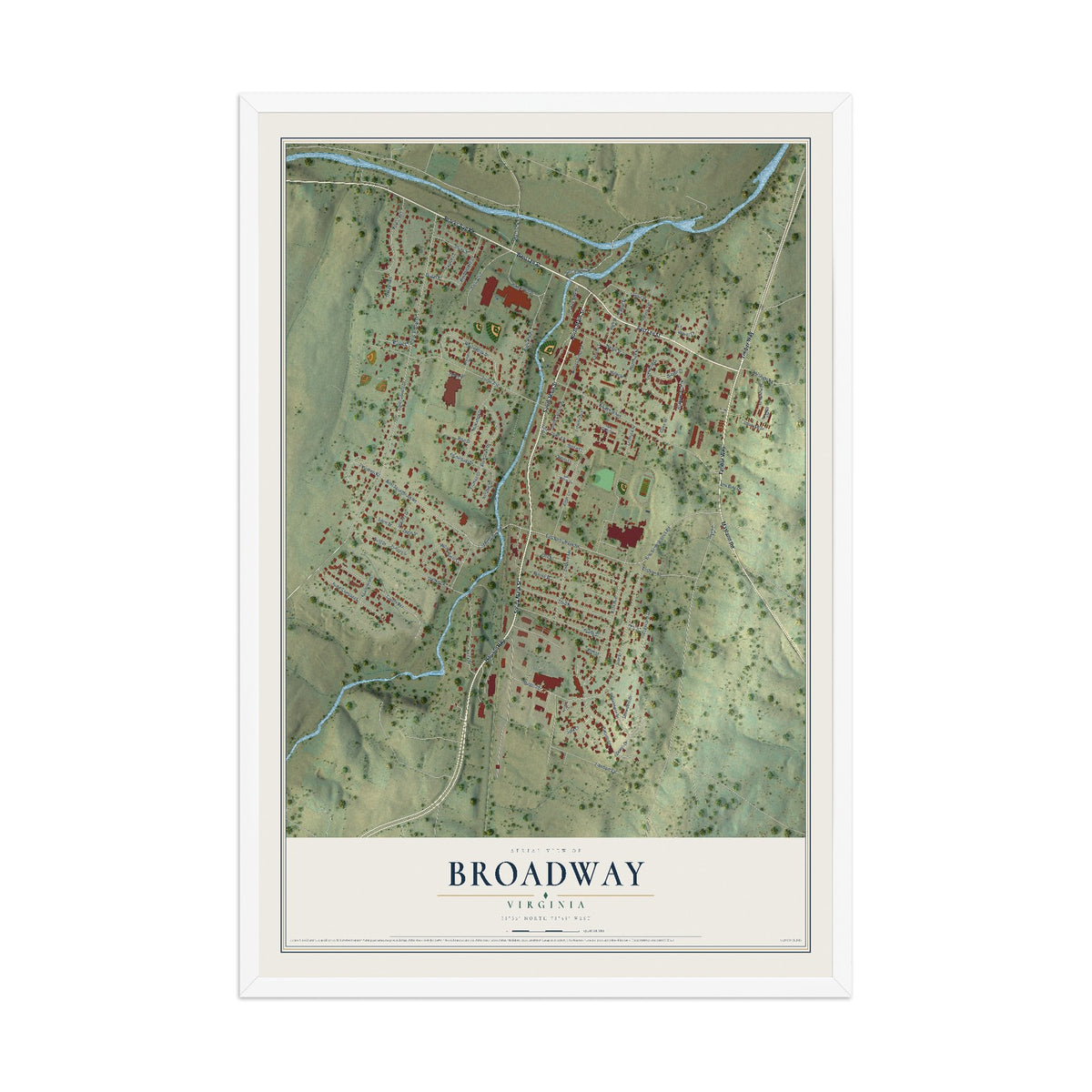 Map of Broadway, Virginia, 12 x 18 inch print in a white wood frame