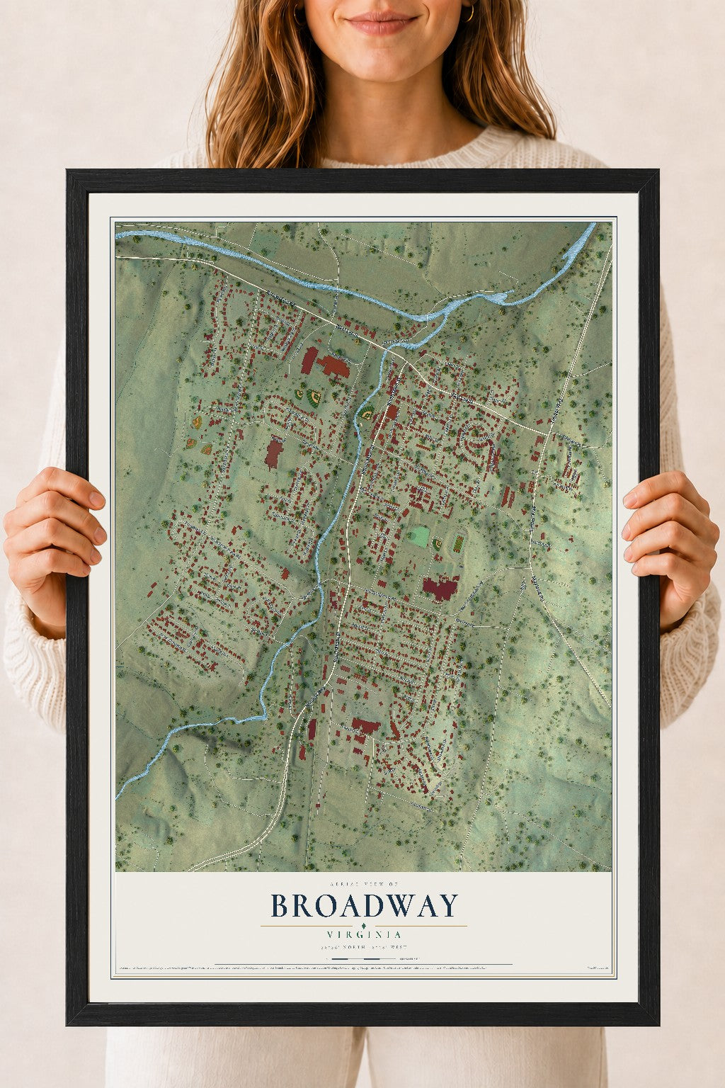 Map of Broadway, Virginia, 18 x 24 inch print in a black wood frame