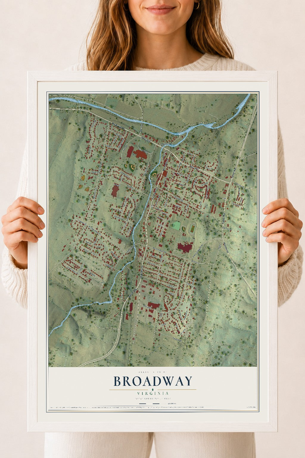 Map of Broadway, Virginia, 18 x 24 inch print in a white wood frame