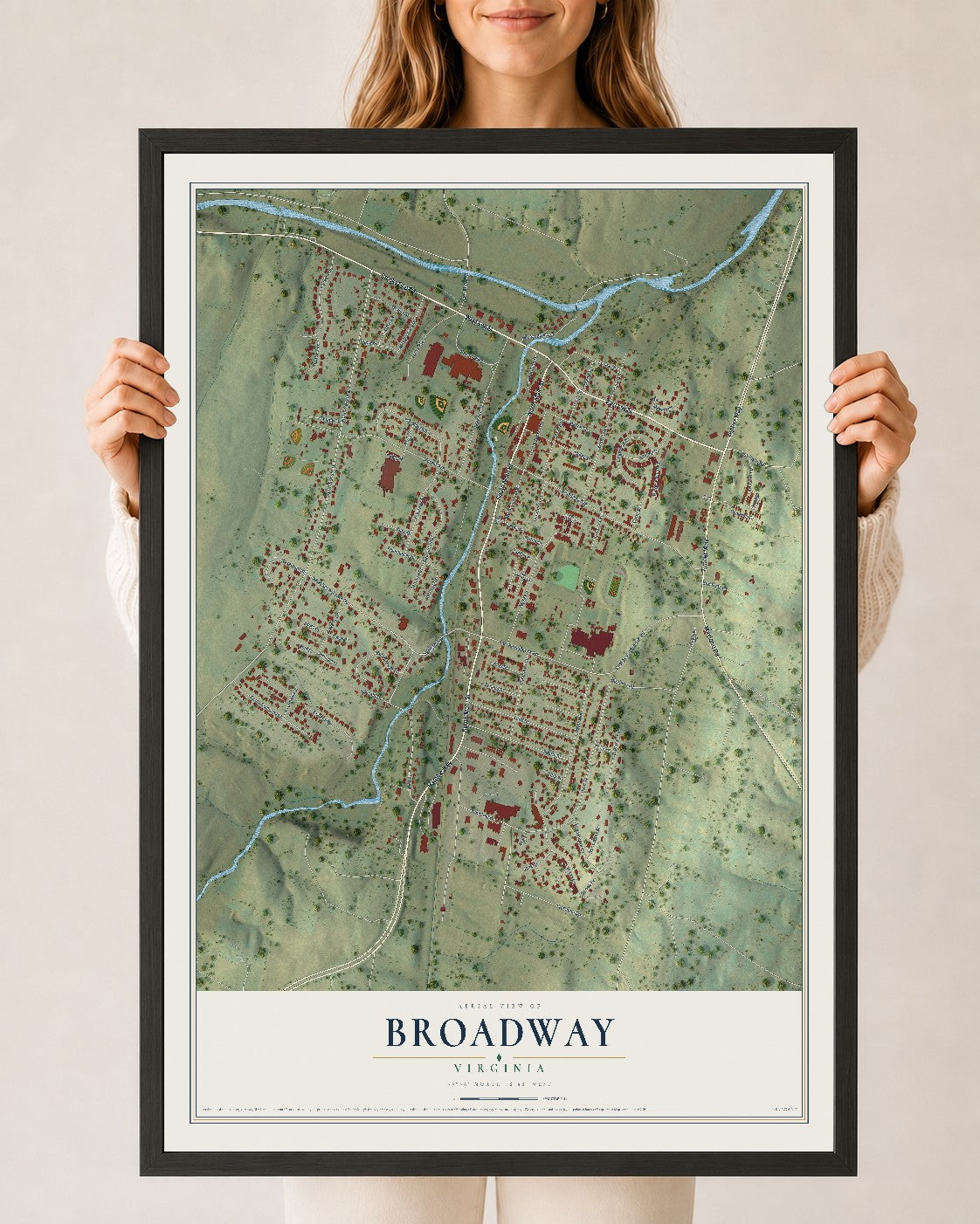 Map of Broadway, Virginia, 24 x 36 inch print in a black wood frame
