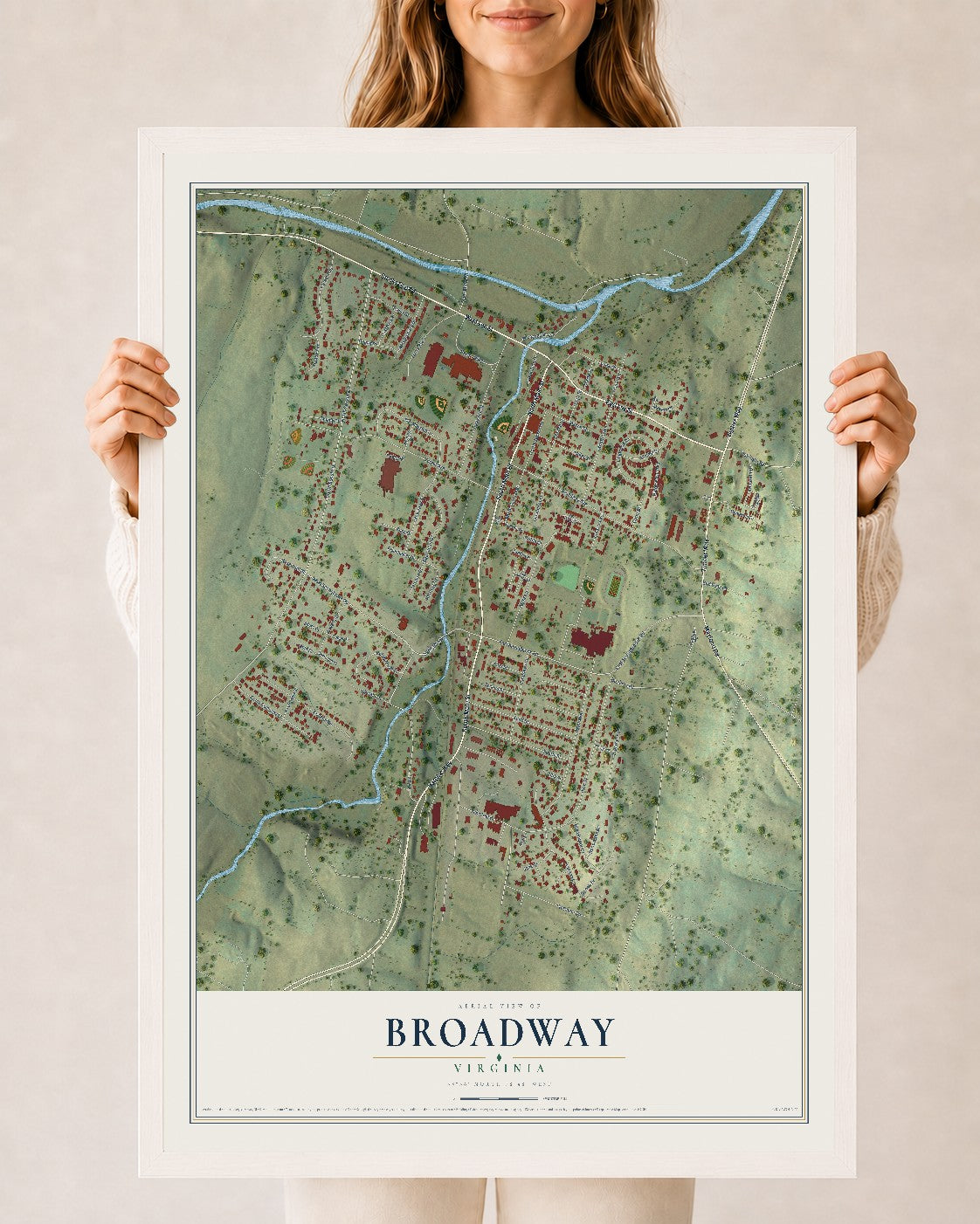 Map of Broadway, Virginia, 24 x 36 inch print in a white wood frame