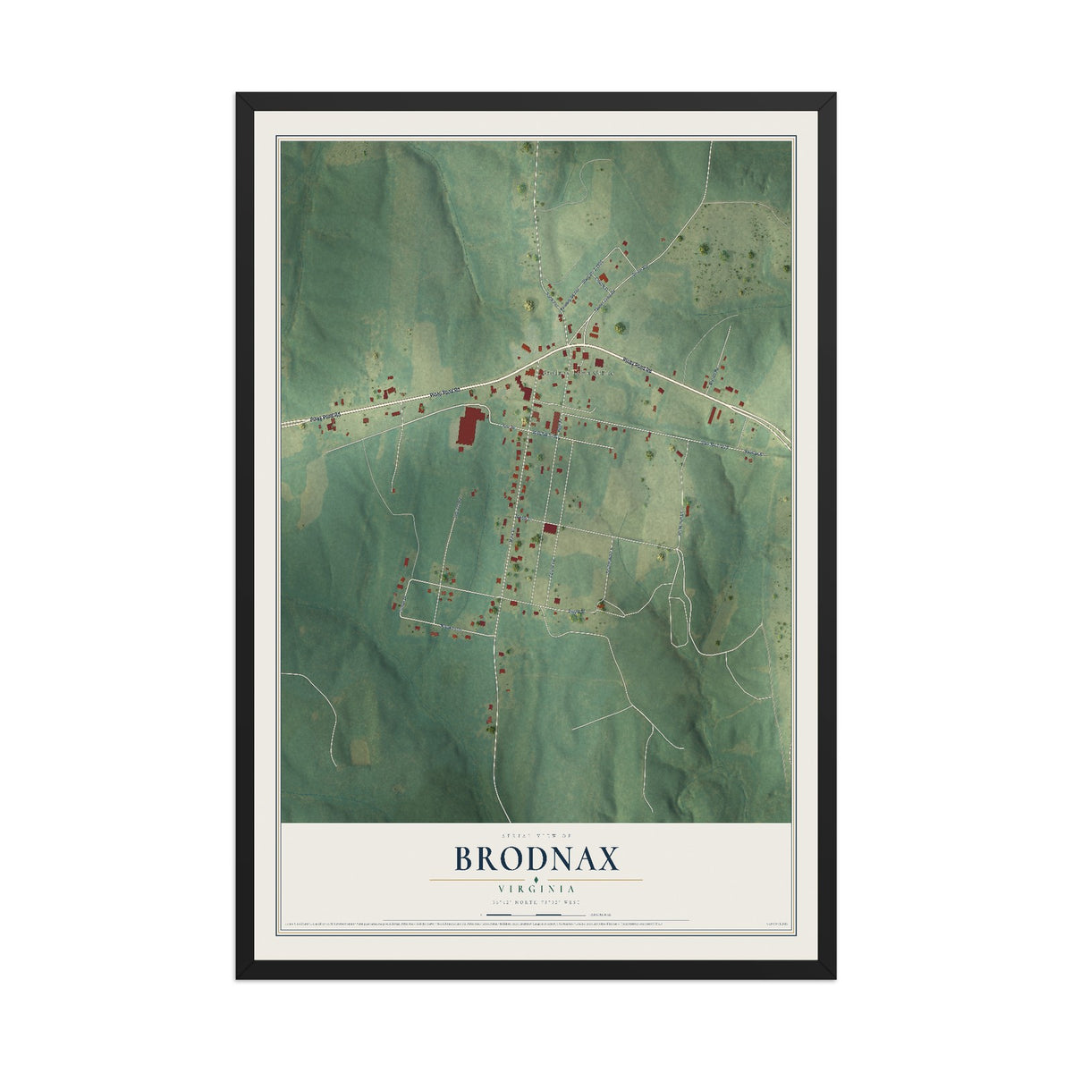 Map of Brodnax, Virginia, 12 x 18 inch print in a black wood frame