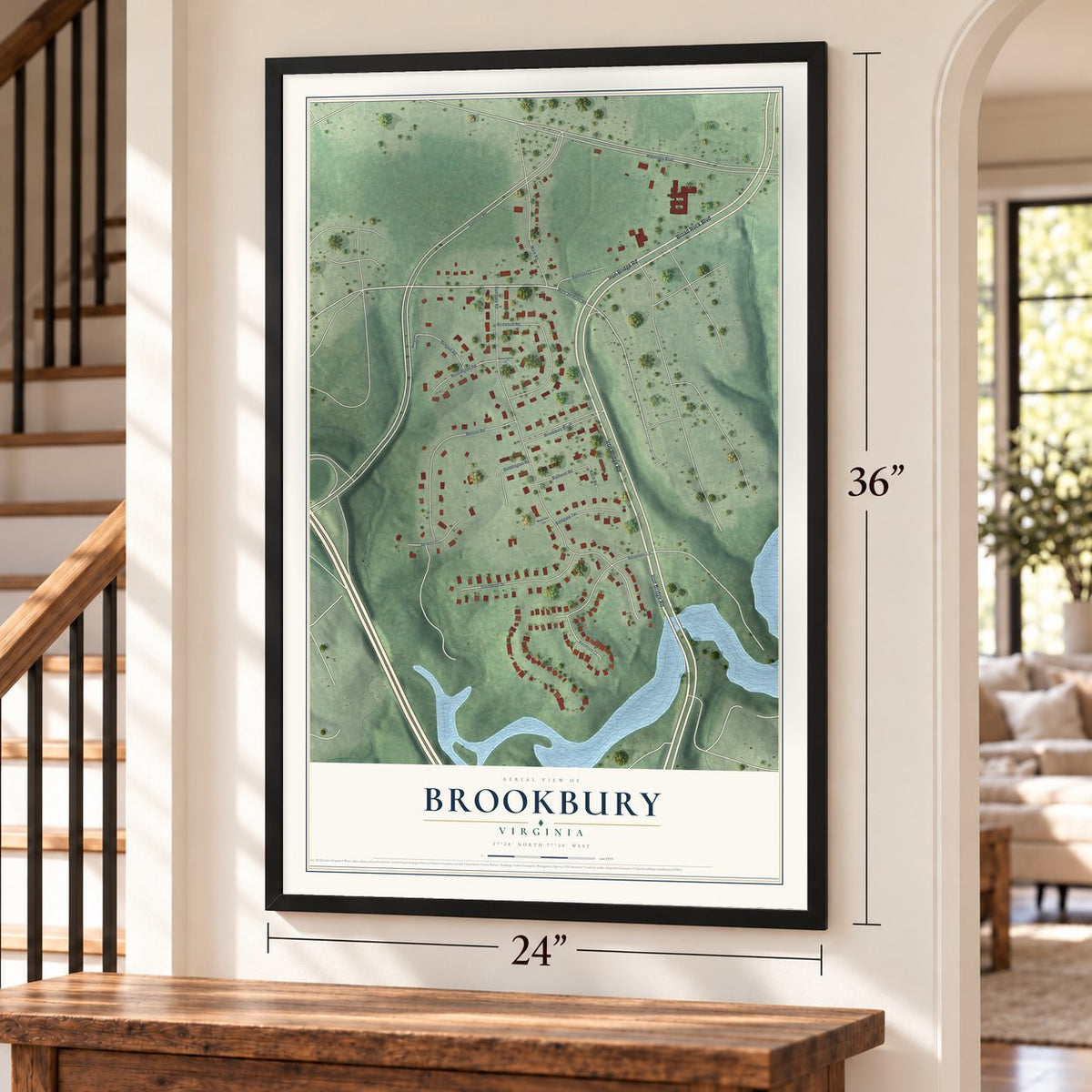 Brookbury, Virginia map, 24 x 36 inch print in a black frame by a staircase