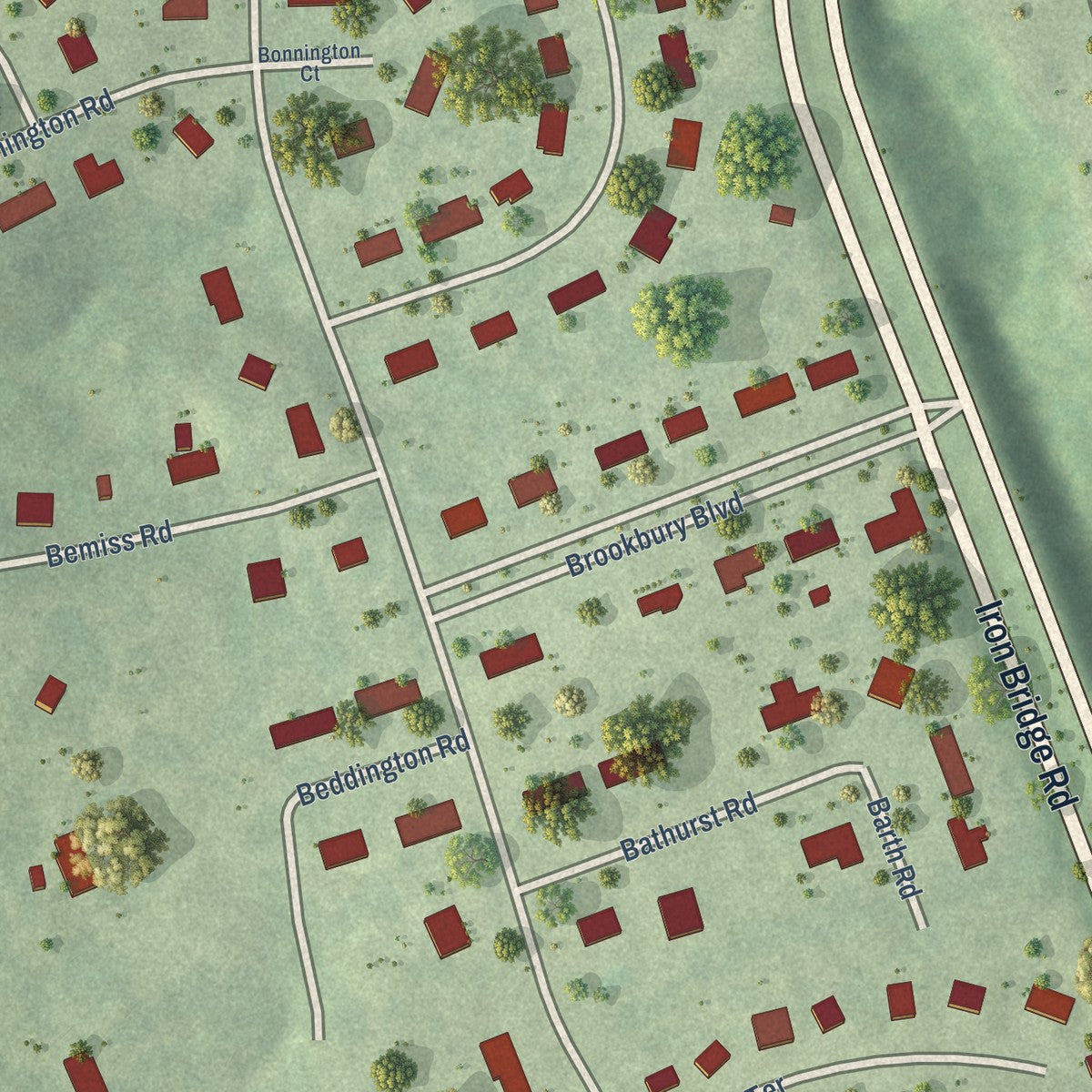 Close-up of the map of Brookbury, Virginia print showing street and building detail