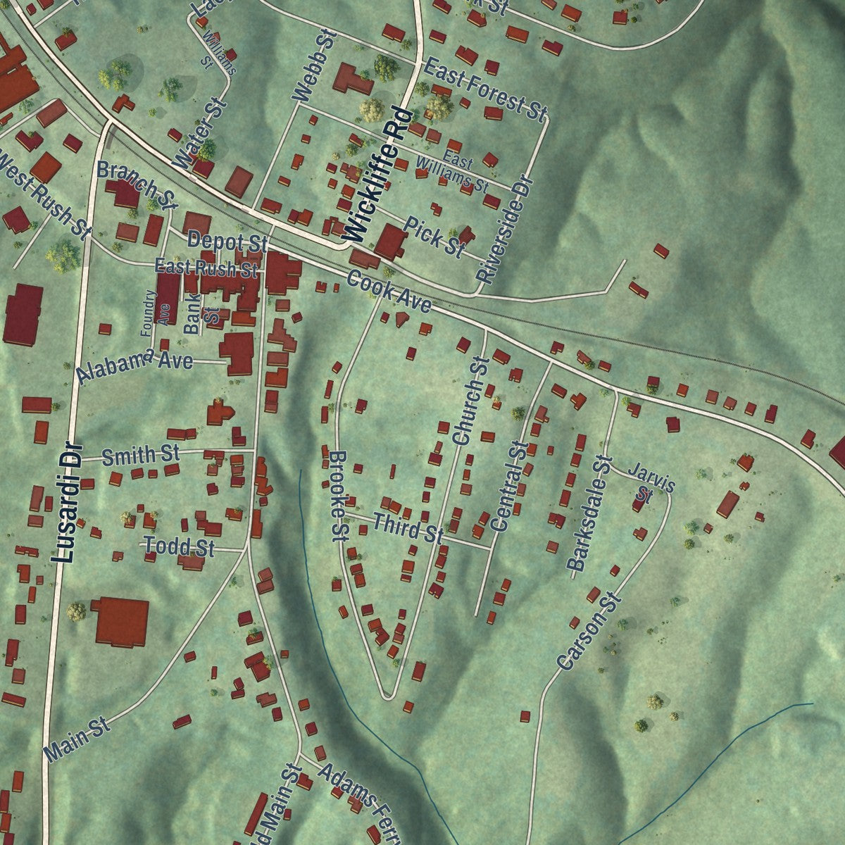 Close-up of the map of Brookneal, Virginia print showing street and building detail