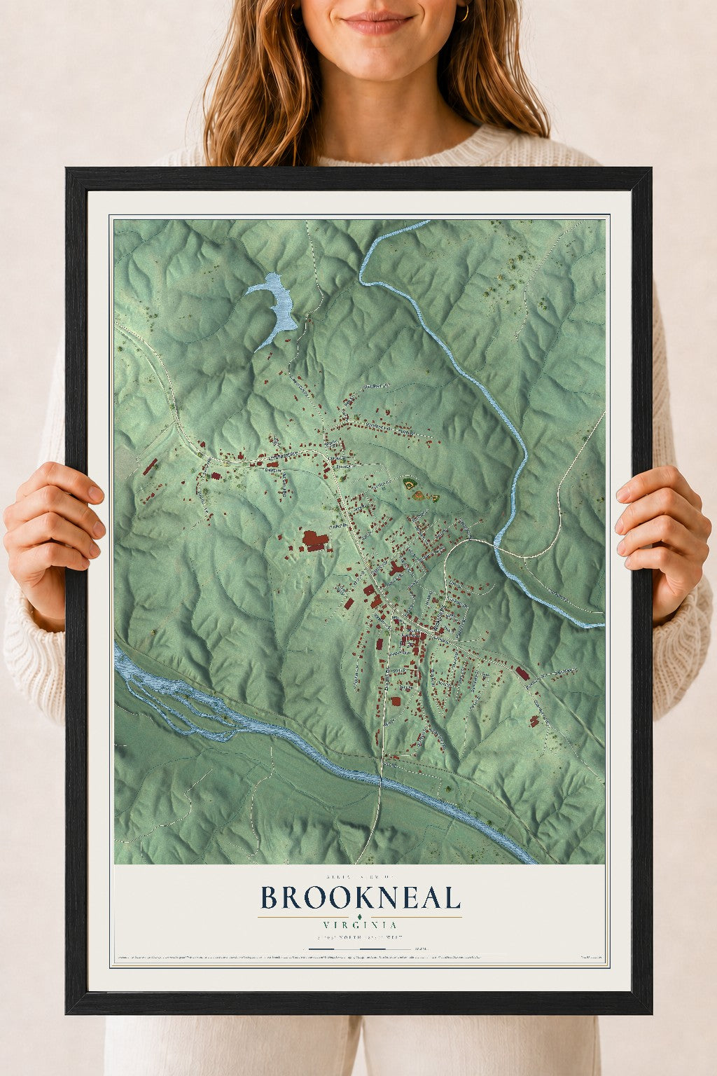 Map of Brookneal, Virginia, 18 x 24 inch print in a black wood frame