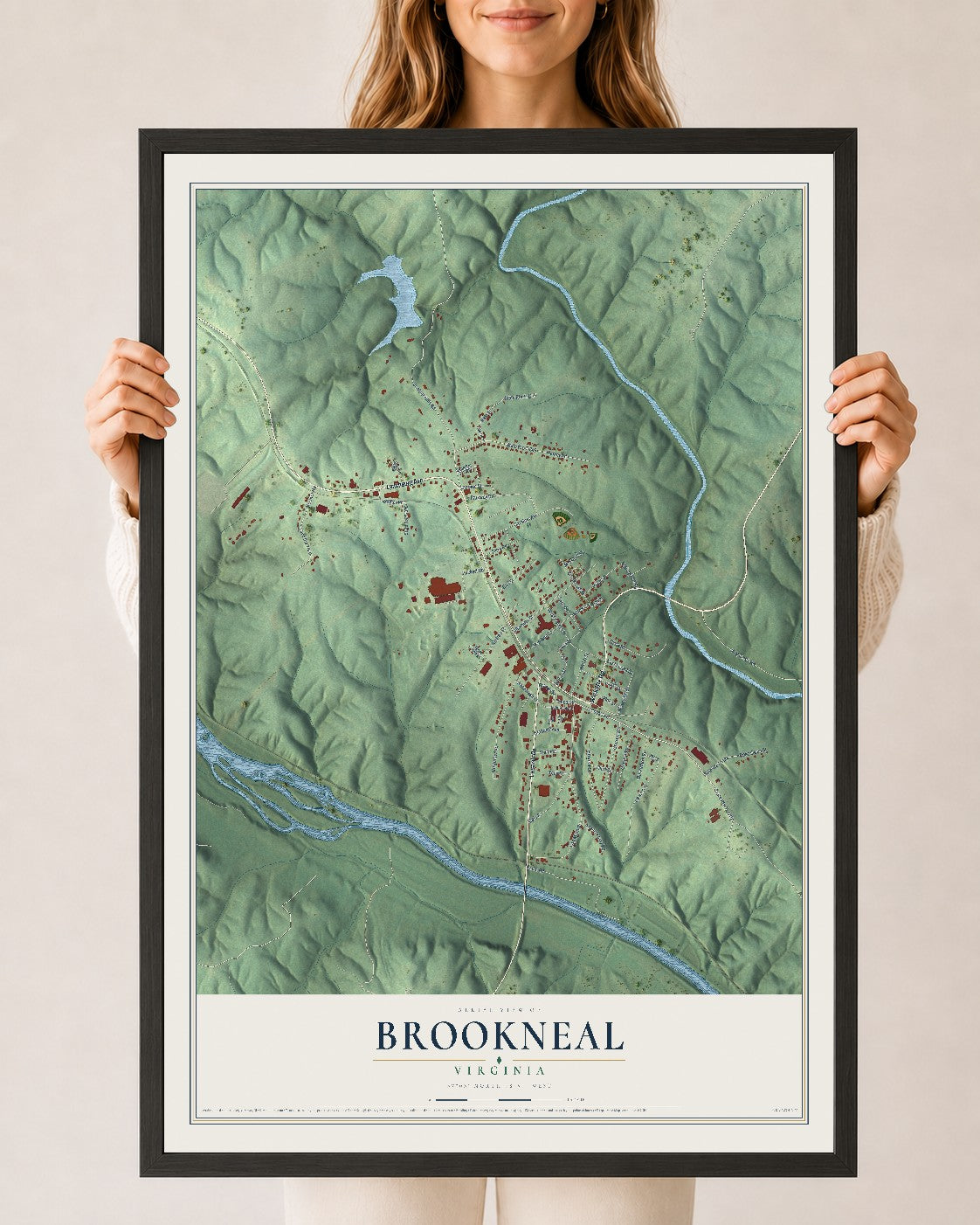 Map of Brookneal, Virginia, 24 x 36 inch print in a black wood frame
