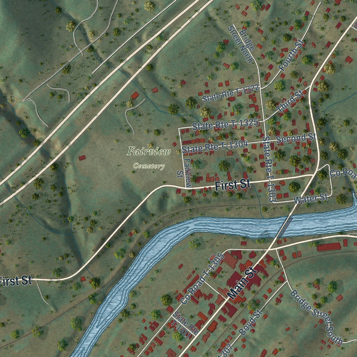 Close-up of the map of Buchanan, Virginia print showing street and building detail