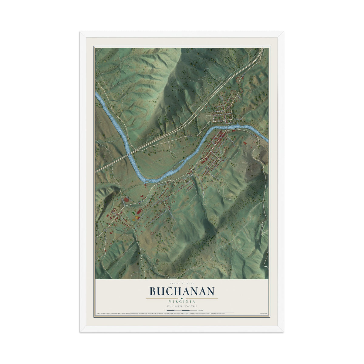 Map of Buchanan, Virginia, 12 x 18 inch print in a white wood frame