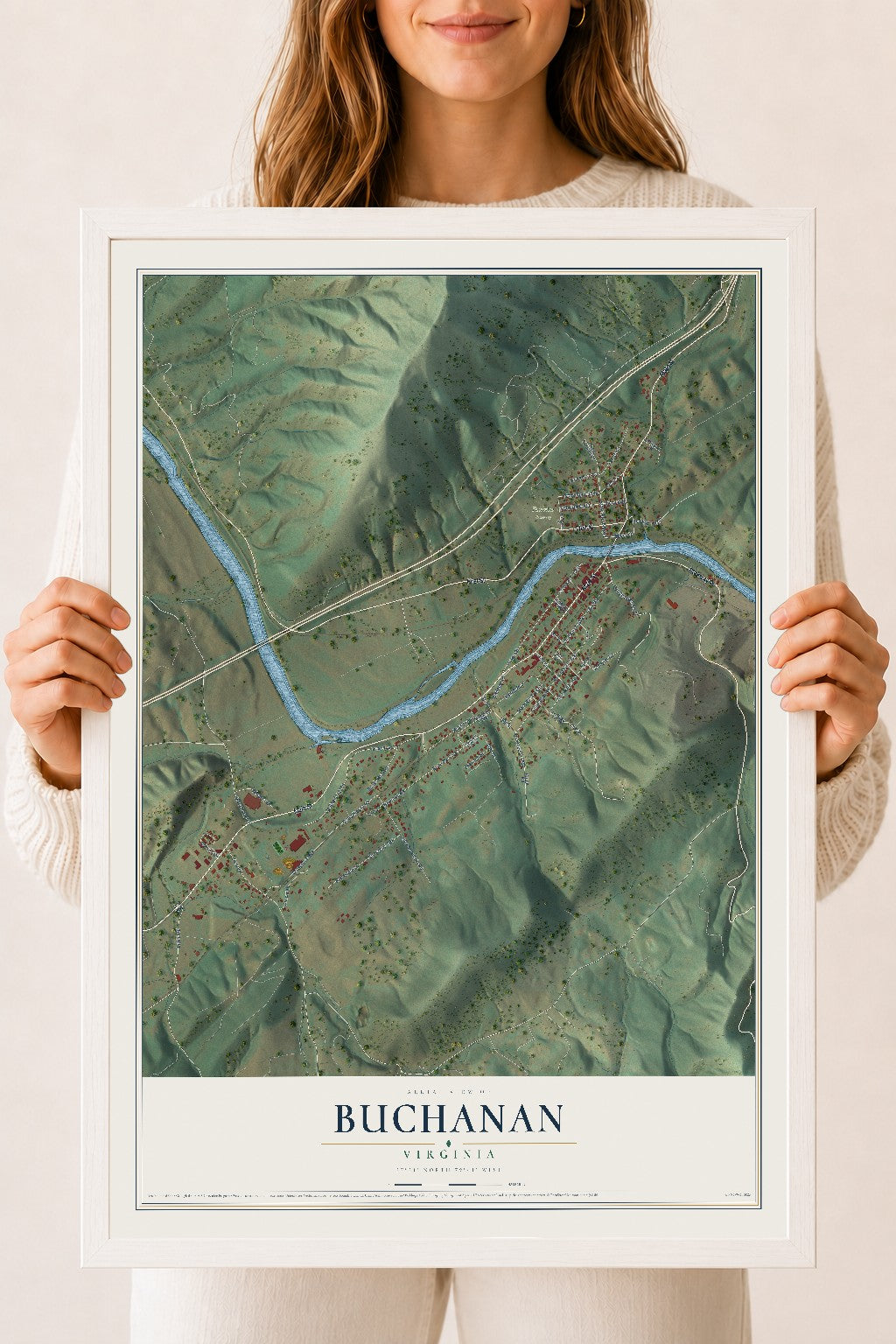 Map of Buchanan, Virginia, 18 x 24 inch print in a white wood frame