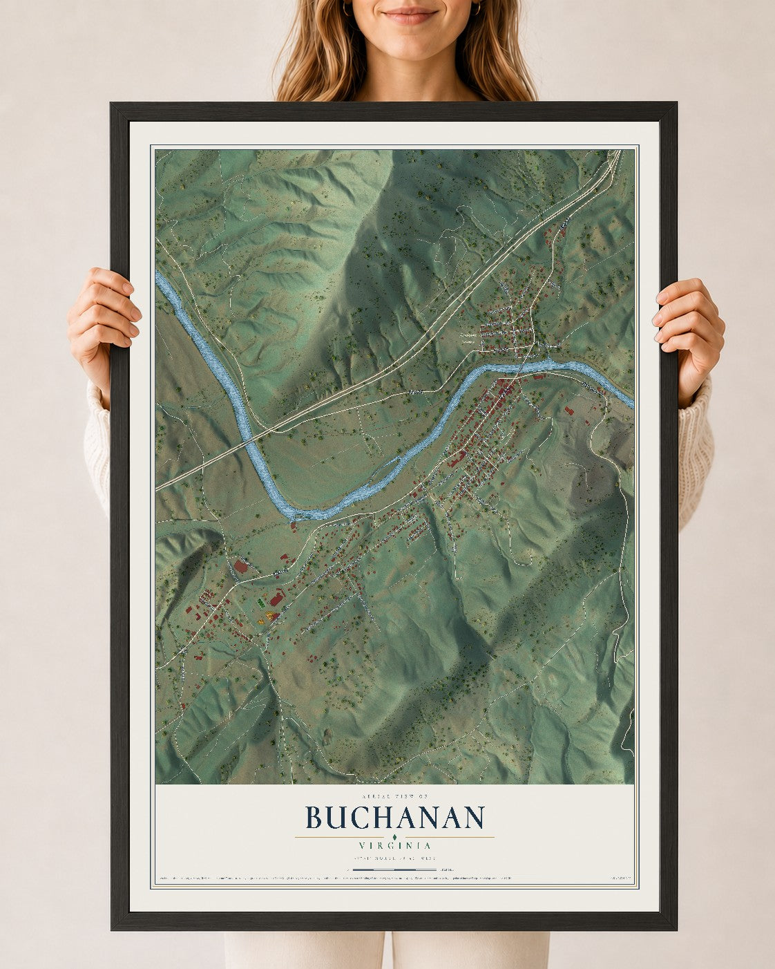 Map of Buchanan, Virginia, 24 x 36 inch print in a black wood frame