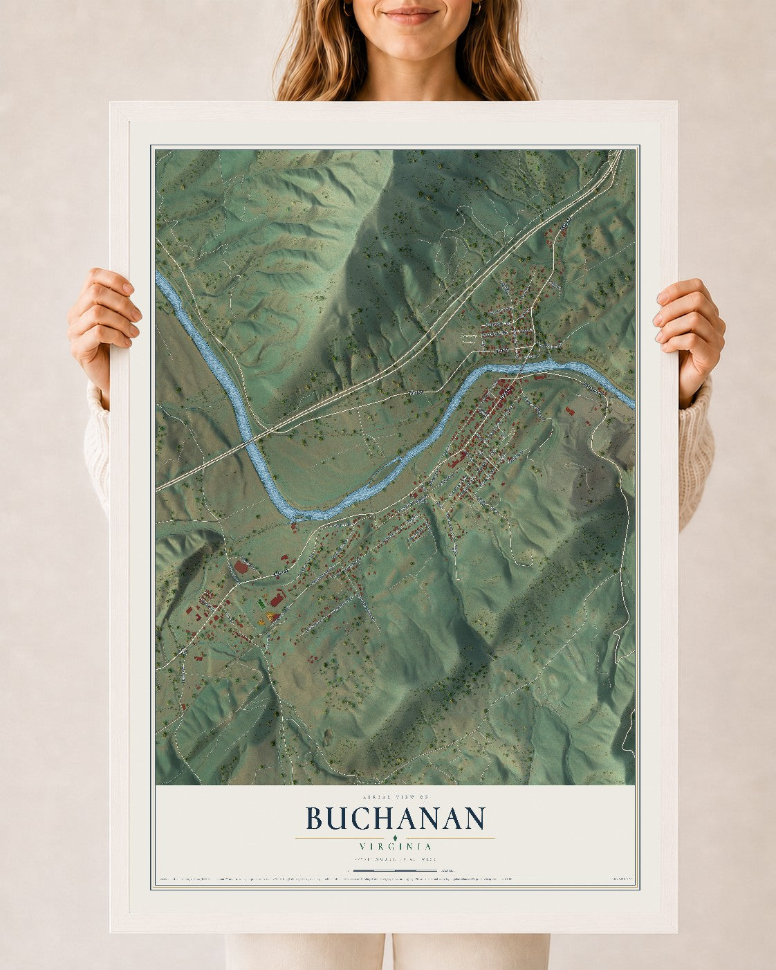 Map of Buchanan, Virginia, 24 x 36 inch print in a white wood frame