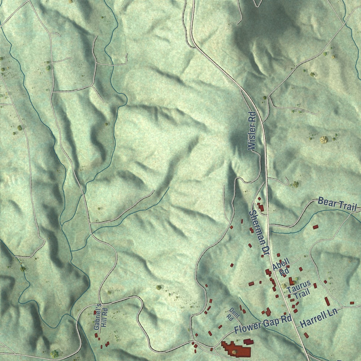 Close-up of the map of Cana, Virginia print showing street and building detail
