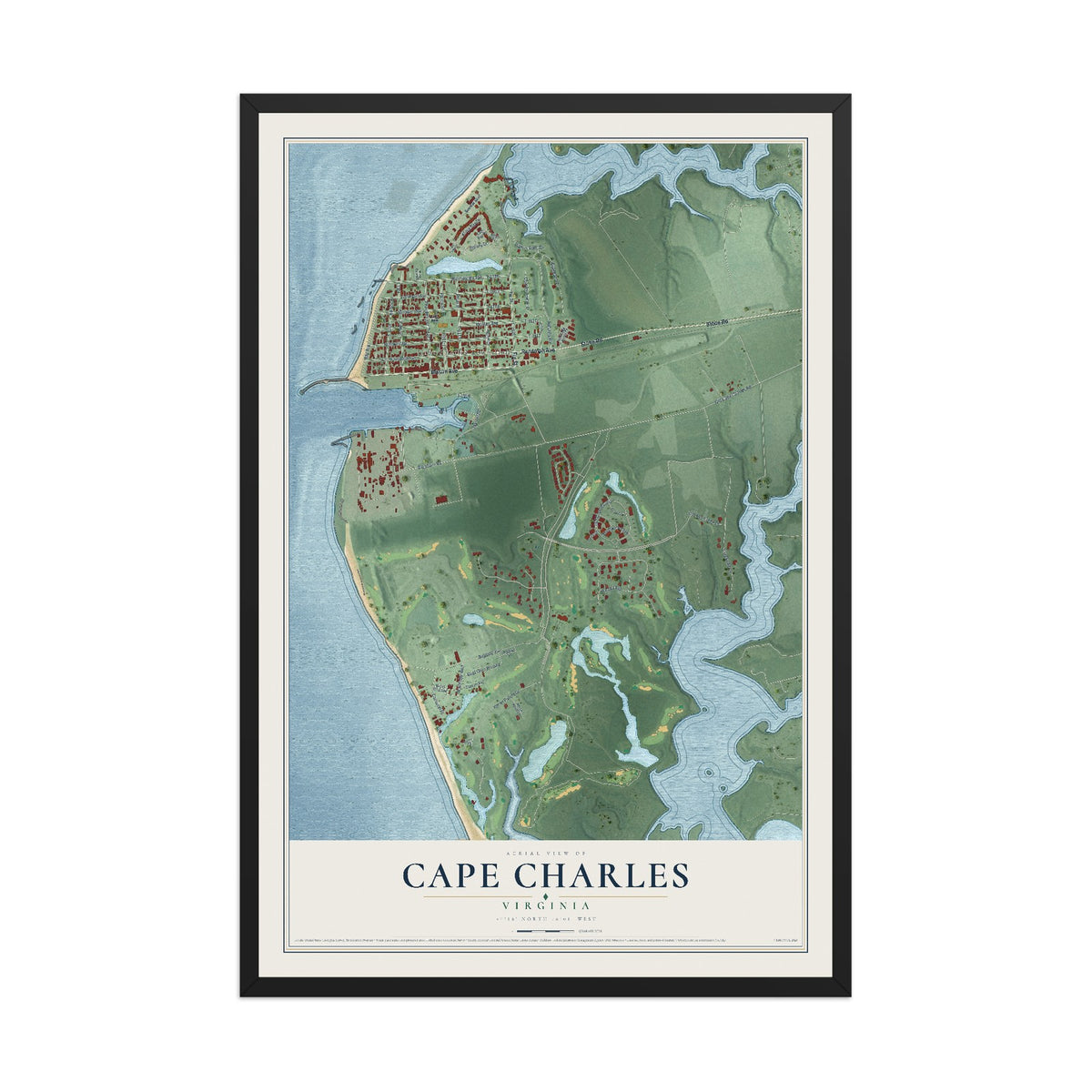 Map of Cape Charles, Virginia, 12 x 18 inch print in a black wood frame