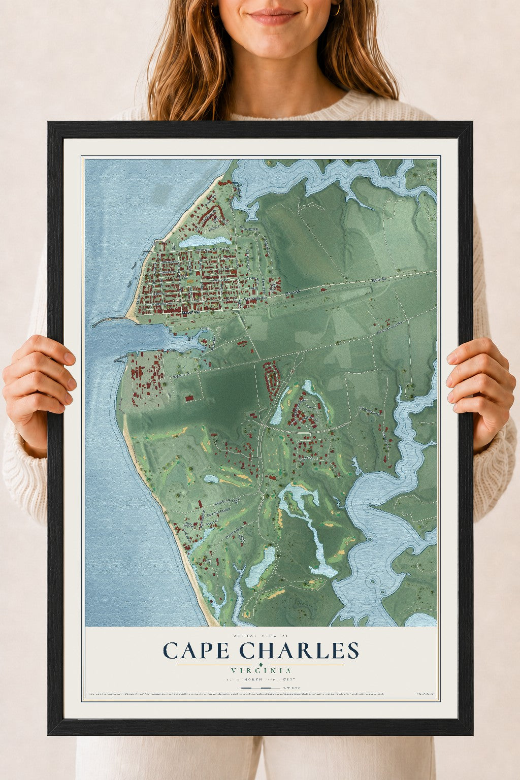Map of Cape Charles, Virginia, 18 x 24 inch print in a black wood frame