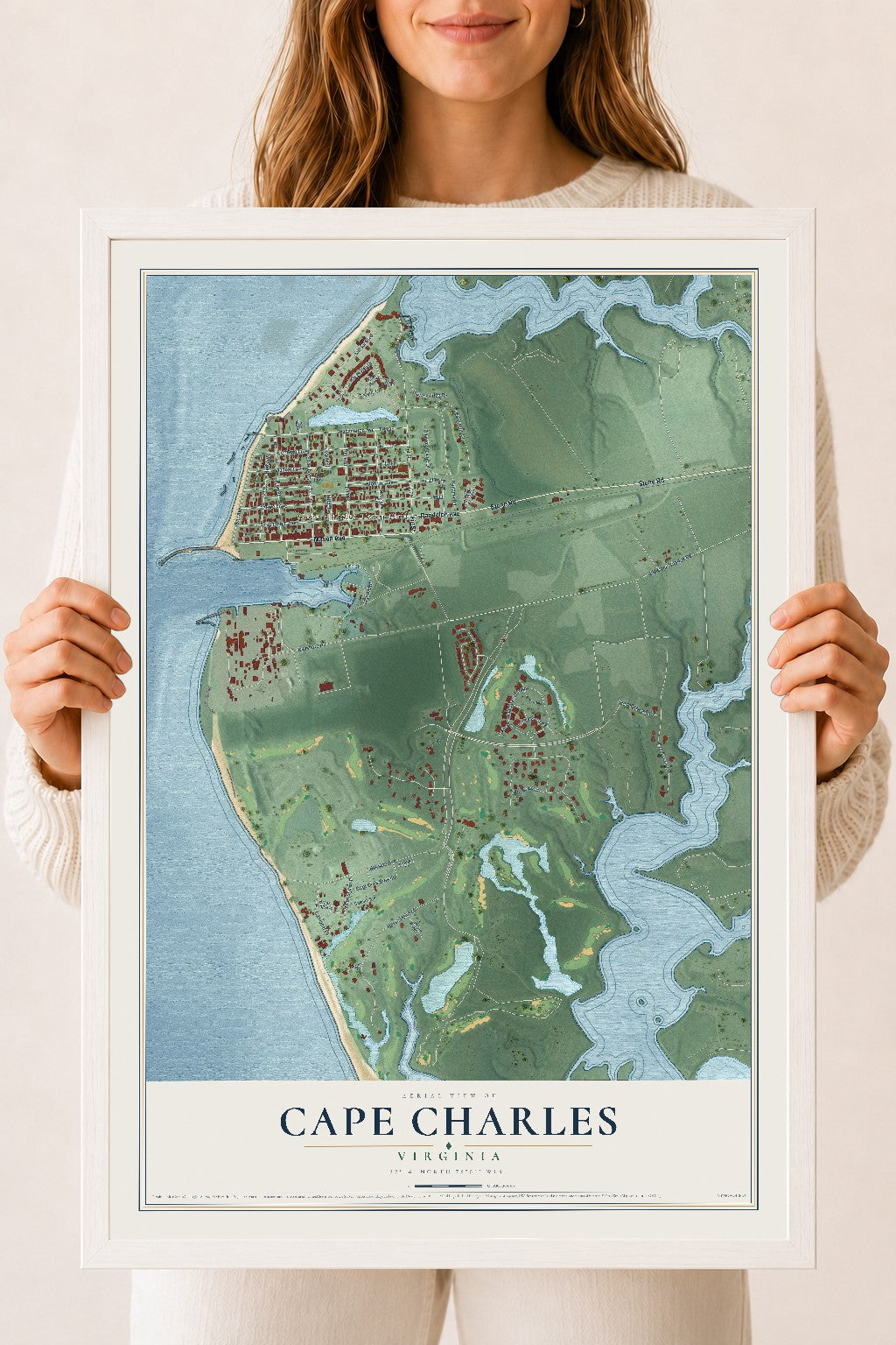 Map of Cape Charles, Virginia, 18 x 24 inch print in a white wood frame