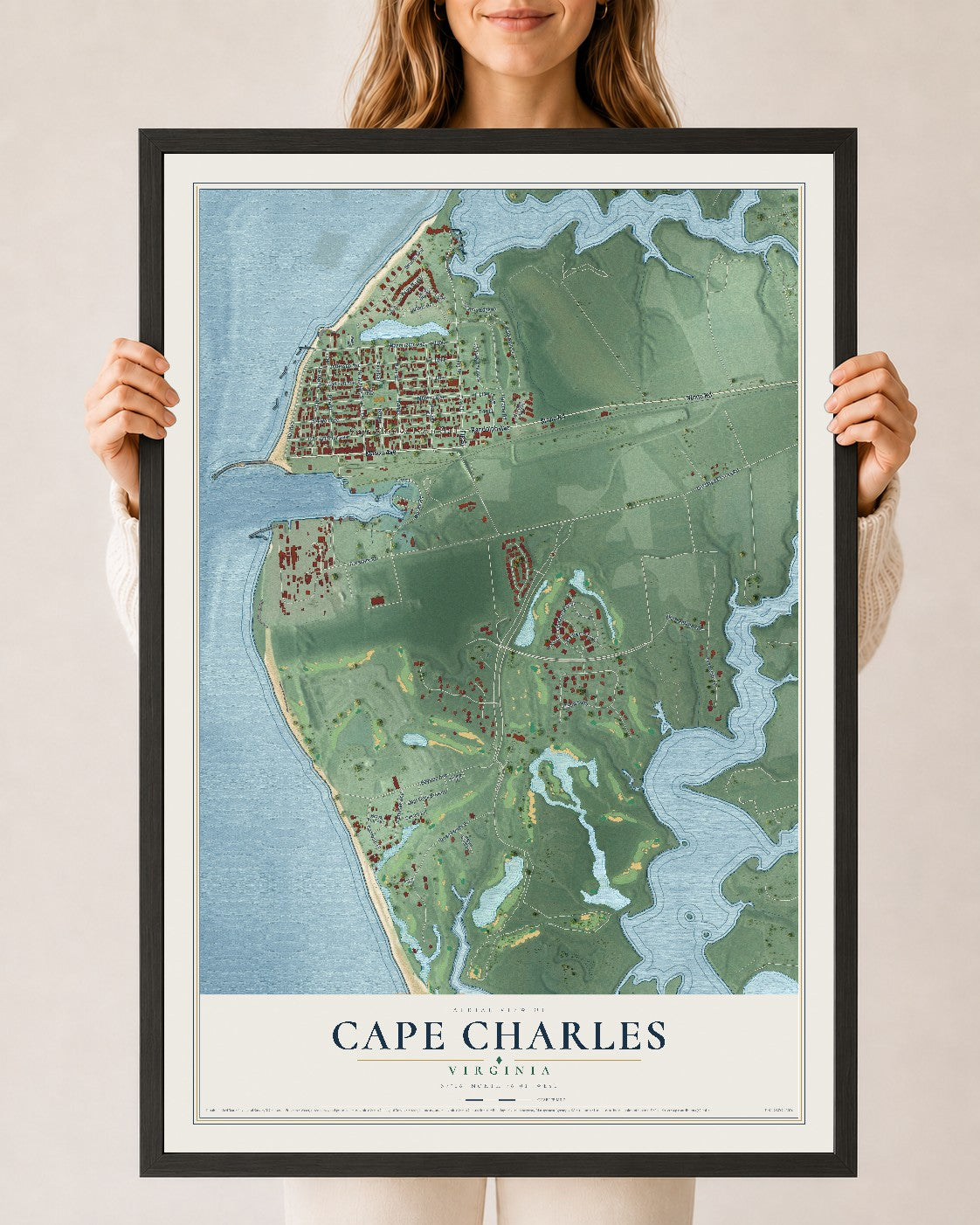 Map of Cape Charles, Virginia, 24 x 36 inch print in a black wood frame