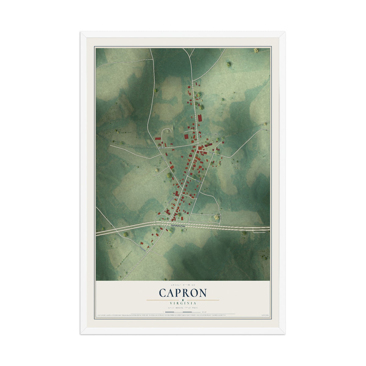 Map of Capron, Virginia, 12 x 18 inch print in a white wood frame