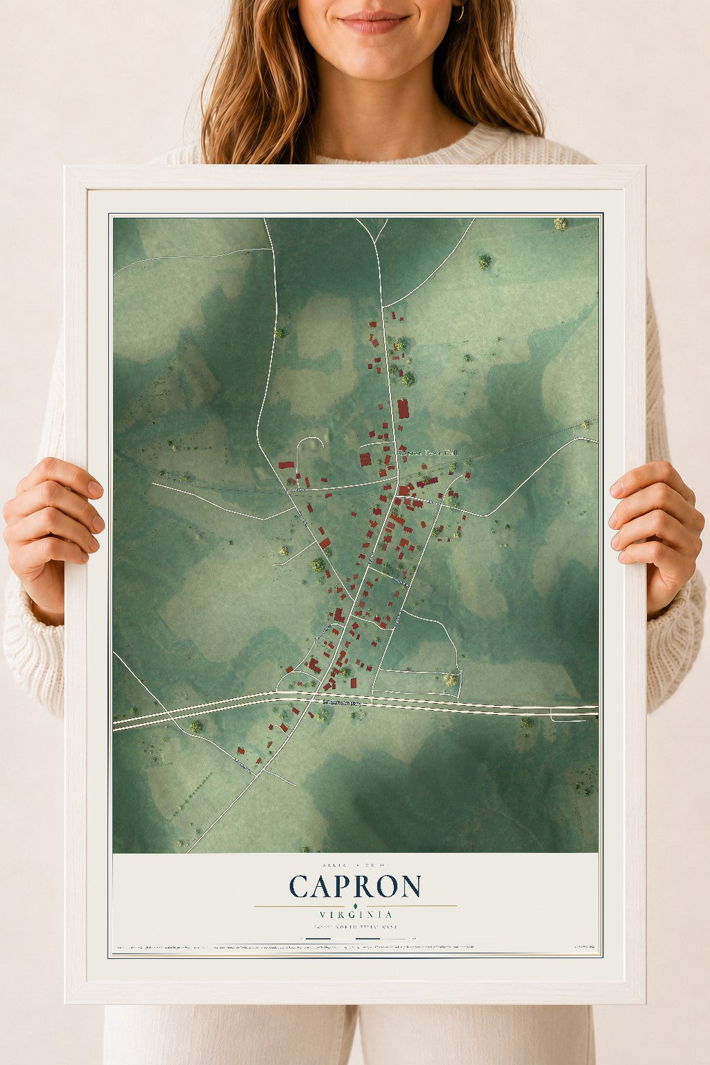 Map of Capron, Virginia, 18 x 24 inch print in a white wood frame